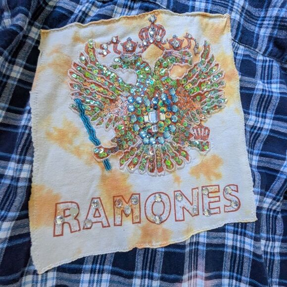 Reworked Bleached Ramones Flannel Shirt XL Punk Biker Grunge USA Flag Thrashed - Picture 7 of 7